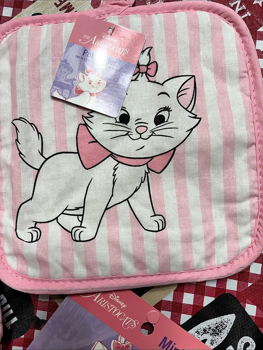 Disney Aristocats Marie Kitchen pot holder set Linen Set Pink & White Striped NW
